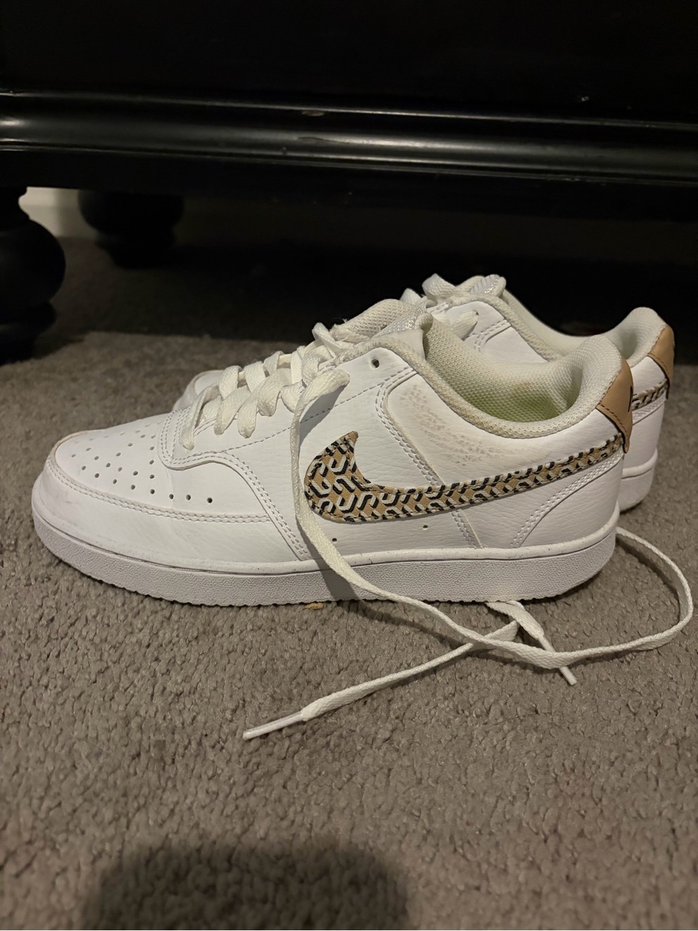 Nike White Low-Top Sneakers with Leopard-Print Swoosh
